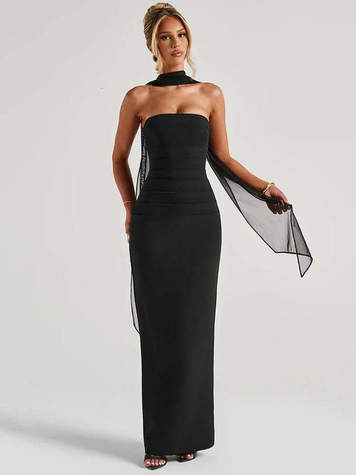 Strapless Evening Dress with Scarf - Floor-Length