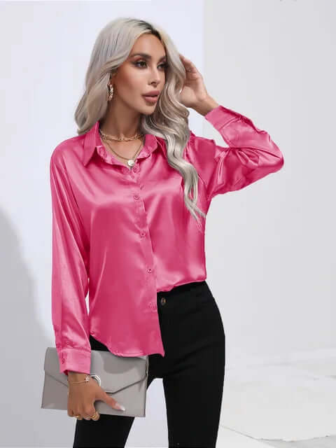 Women's Satin Loose Fit Long Sleeve Blouse