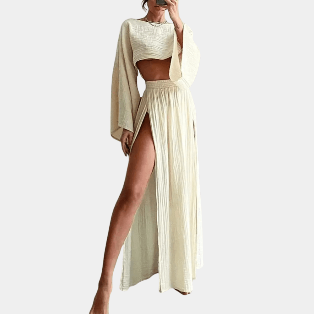 Women's Two-Piece Maxi Skirt Set - Crop Top & High Slit