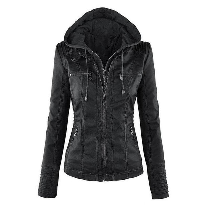 Women's Slim Fit PU Leather Zip-Up Hoodie