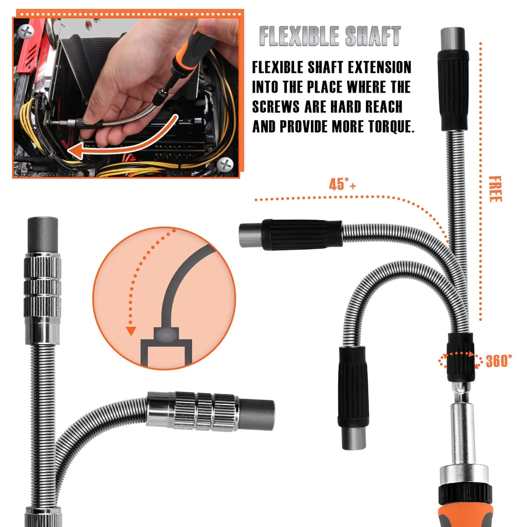 "68-in-1 ratchet screwdriver set with 68 bits, chrome-vanadium steel, ergonomic handle, in a compact storage box."