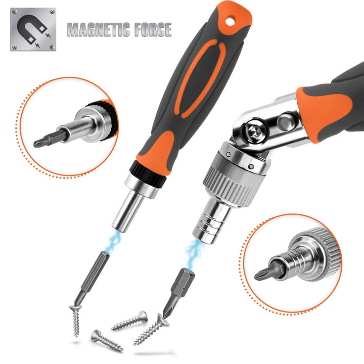 "68-in-1 ratchet screwdriver set with 68 bits, chrome-vanadium steel, ergonomic handle, in a compact storage box."