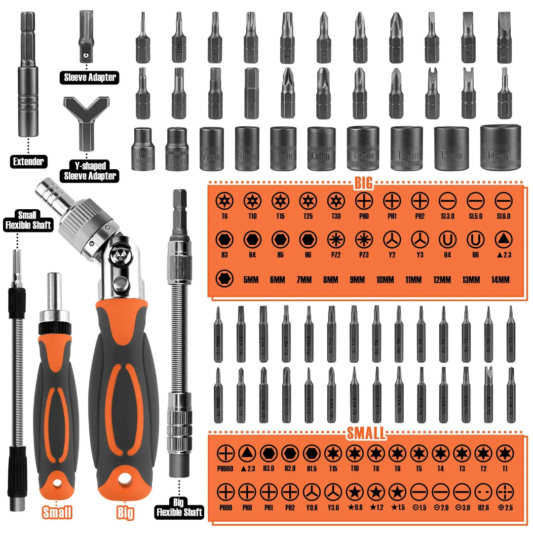 "68-in-1 ratchet screwdriver set with 68 bits, chrome-vanadium steel, ergonomic handle, in a compact storage box."