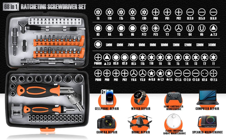 "68-in-1 ratchet screwdriver set with 68 bits, chrome-vanadium steel, ergonomic handle, in a compact storage box."