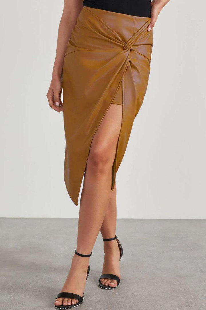 Faux Leather High-Waisted Pencil Skirt with Ruching