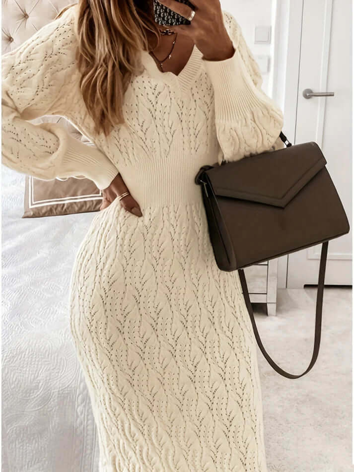 Women's Cotton V-Neck Long Sleeve Midi Dress