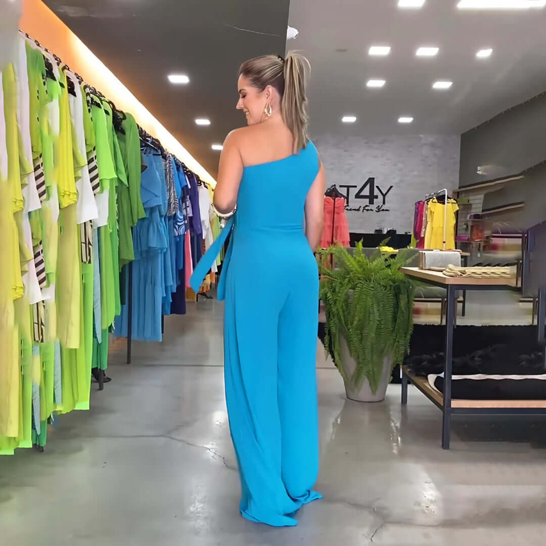 Elegant One-Shoulder Drape Wide-Leg Jumpsuit