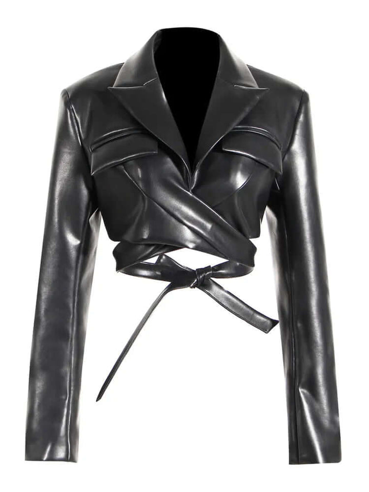 Women's PU Leather Jacket with Waistband