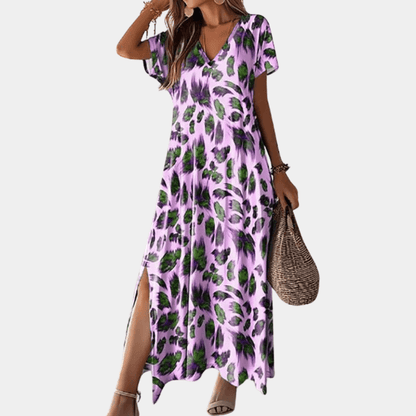 Leaf Print Maxi Dress - Casual V-Neck
