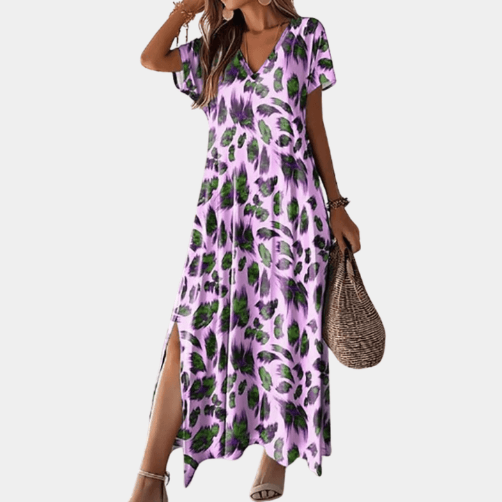 Leaf Print Maxi Dress - Casual V-Neck
