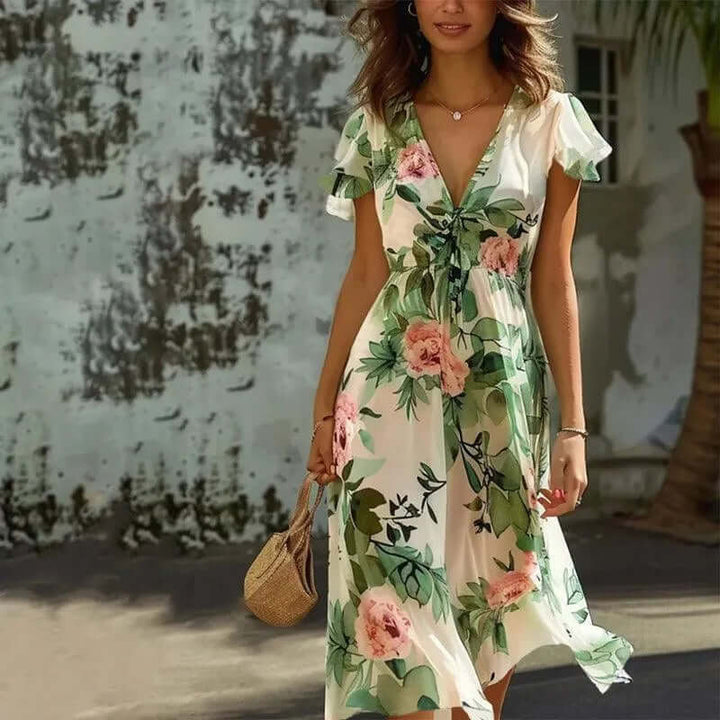 Women's Midi Wrap Dress with Flutter Sleeves
