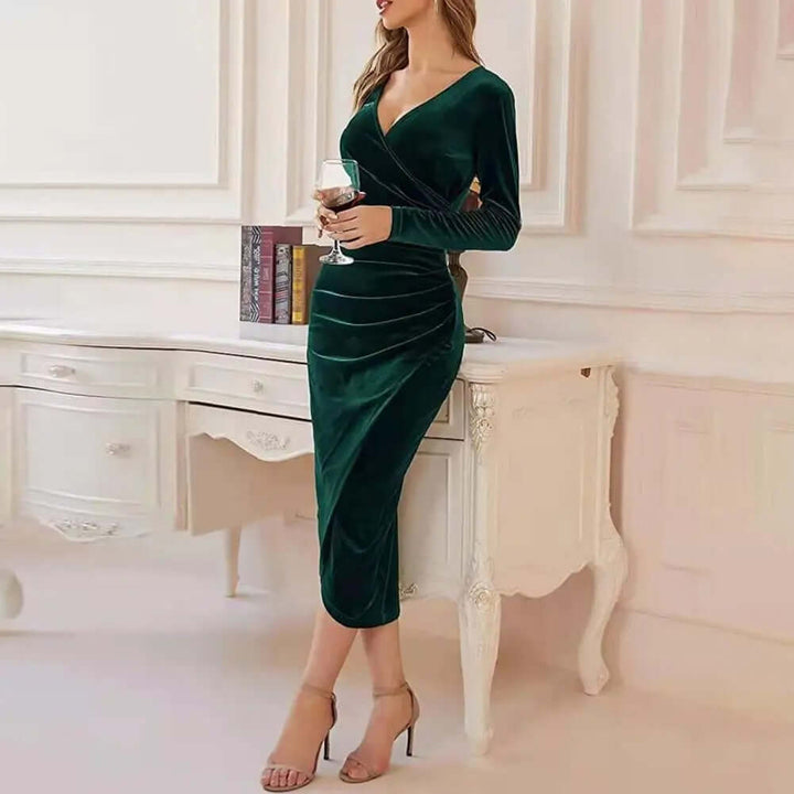 Women's Velvet Ruched Wrap Midi Dress