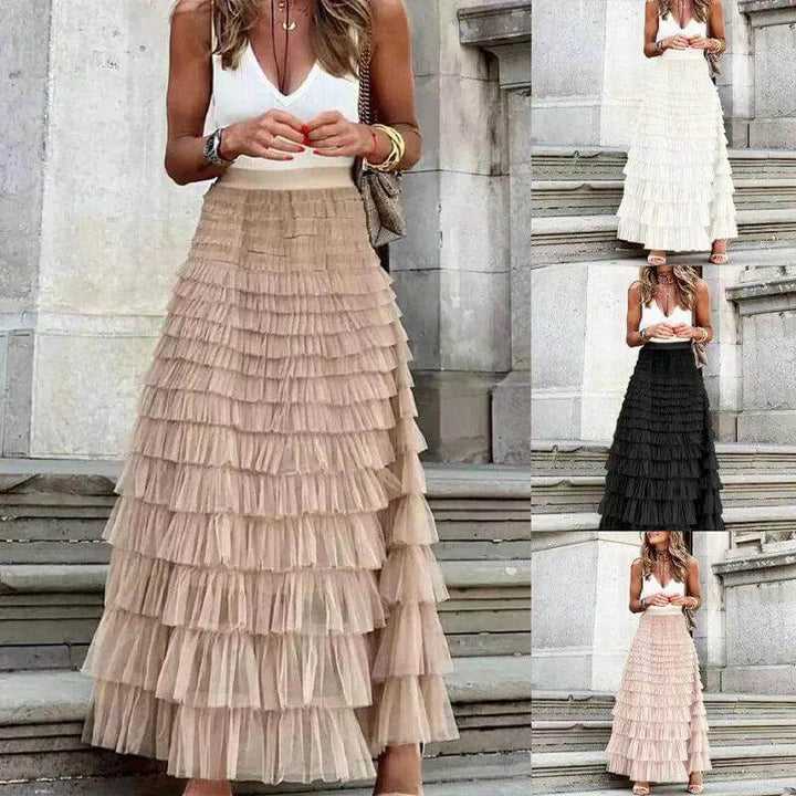 Women's Pleated Mesh Midi Skirt with Ruffle