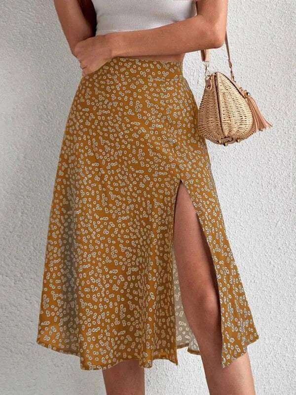 Women's Floral A-Line Midi Skirt with Side Slit