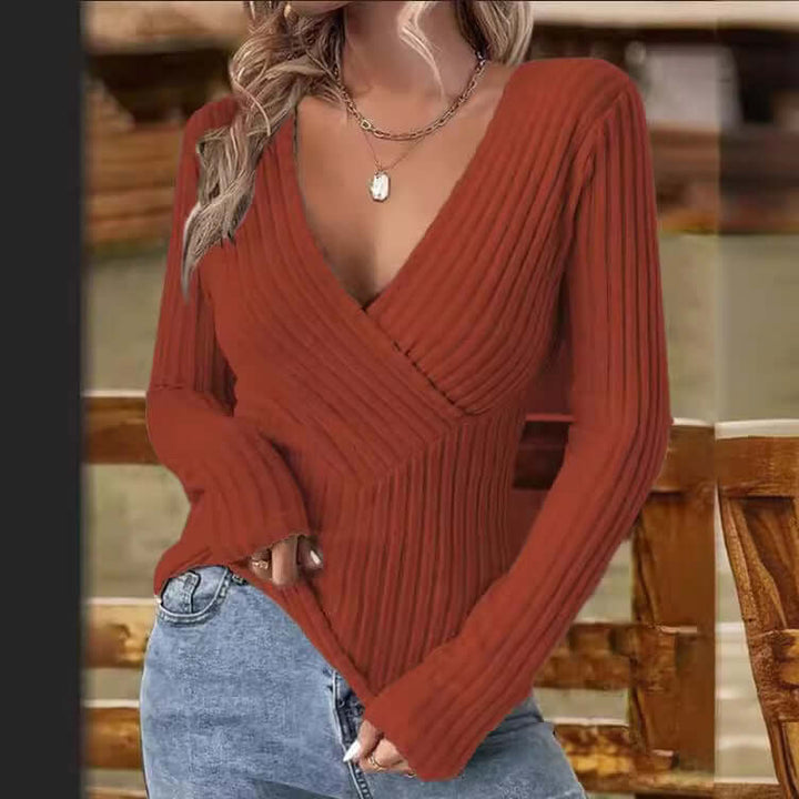 Women's Ribbed Wrap V-Neck Sweater