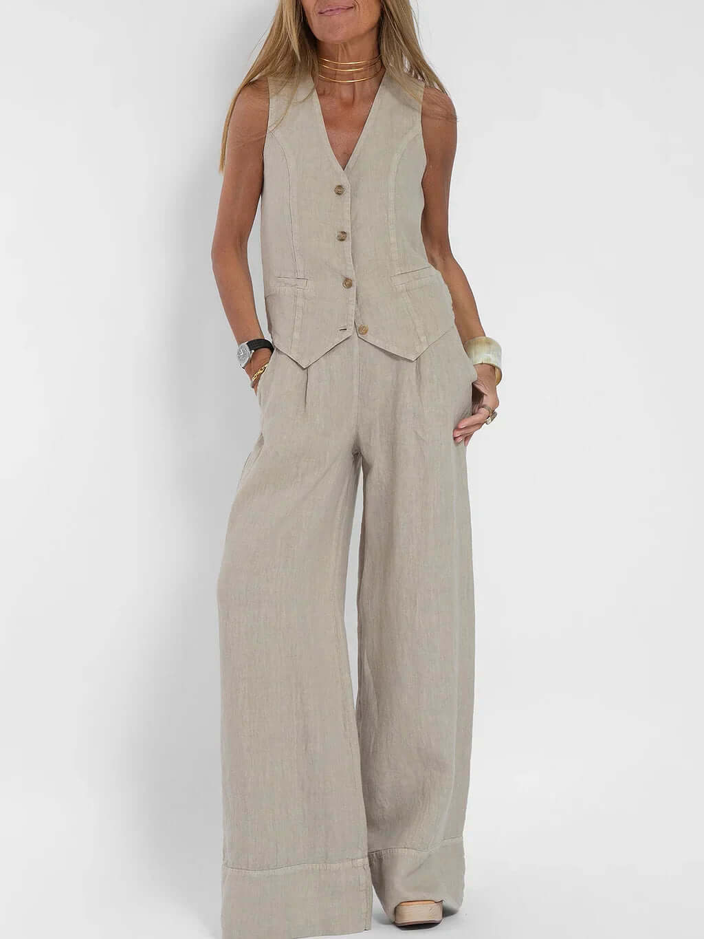 Women's Linen Two-Piece Vest Set