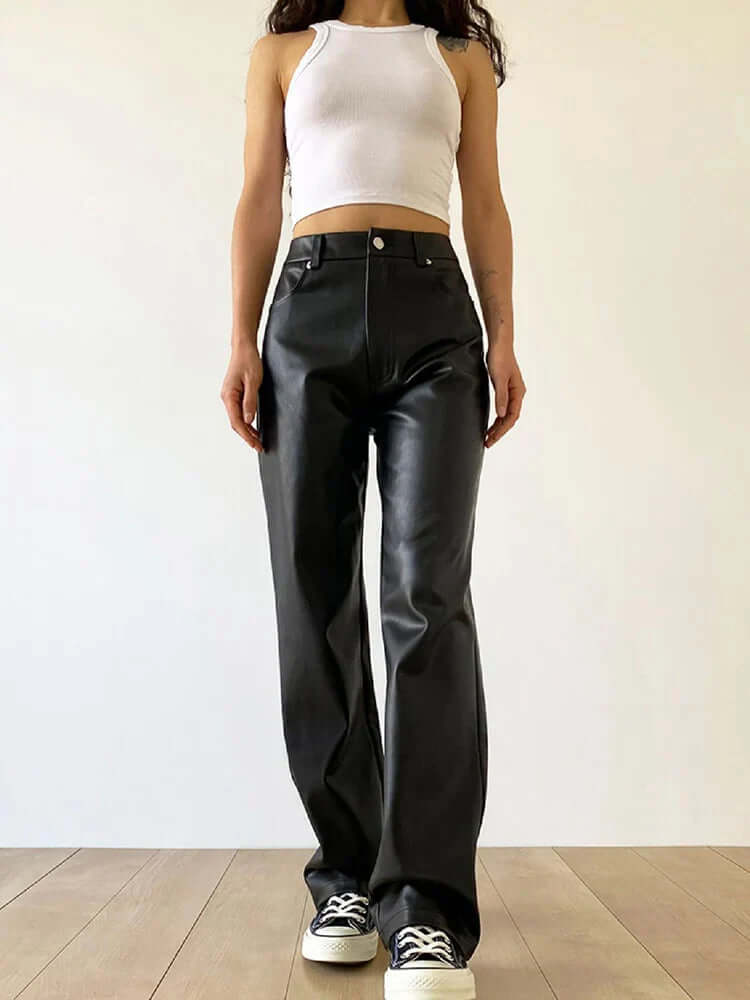 Women's High-Waist Straight Leg Vintage Leather Pants