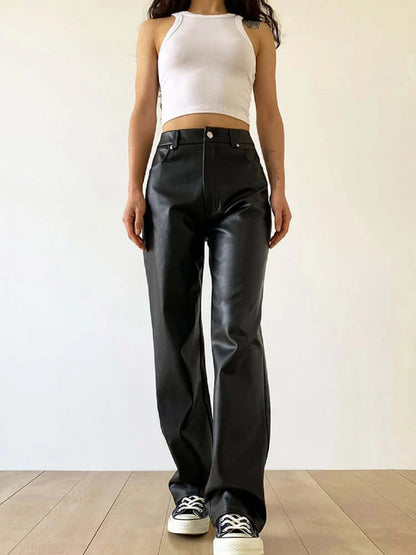 Women's High-Waist Straight Leg Vintage Leather Pants
