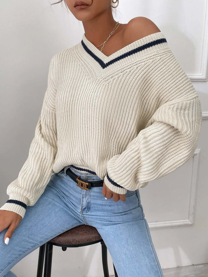 Women's Striped V-Neck Relaxed Fit Jumper