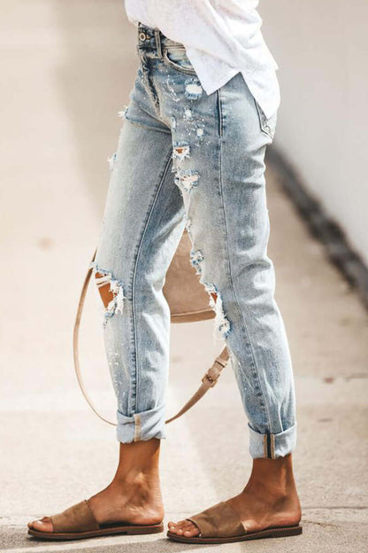 Women's High-Waisted Straight Leg Ripped Jeans