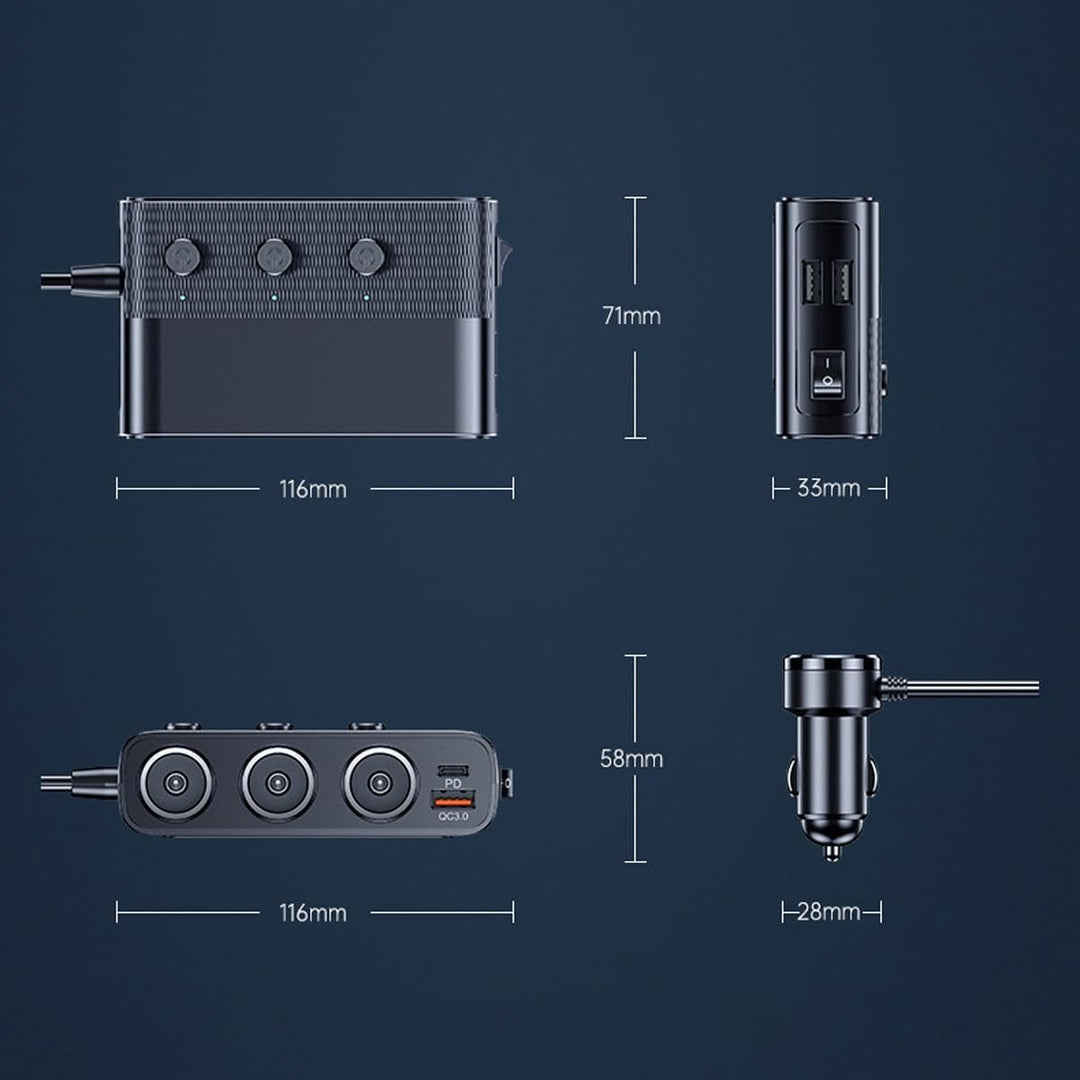 7-in-1 car adapter with 3 sockets, 4 USB ports, LED voltmeter, and quick charge, for charging multiple devices on the go.