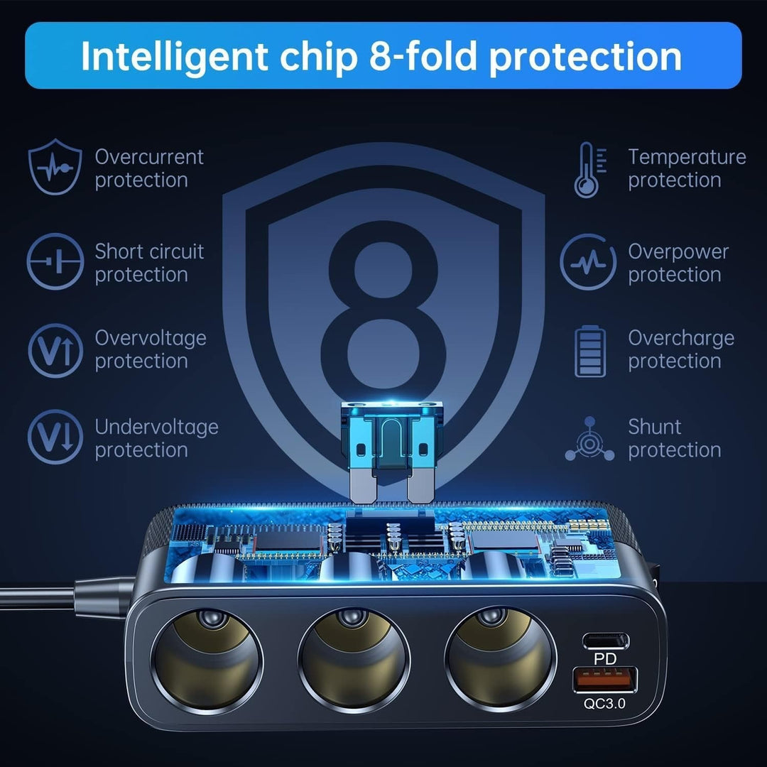 7-in-1 car adapter with 3 sockets, 4 USB ports, LED voltmeter, and quick charge, for charging multiple devices on the go.