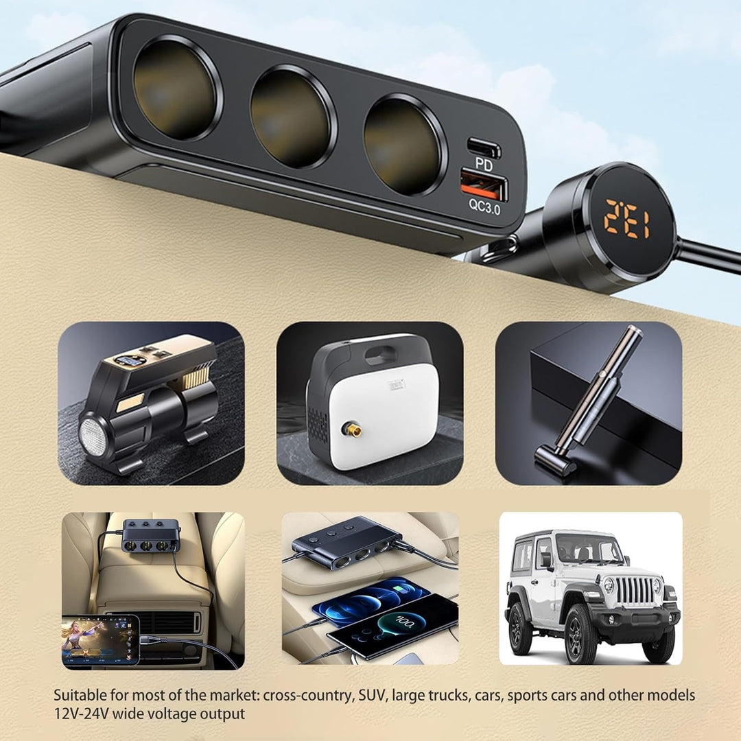 7-in-1 car adapter with 3 sockets, 4 USB ports, LED voltmeter, and quick charge, for charging multiple devices on the go.
