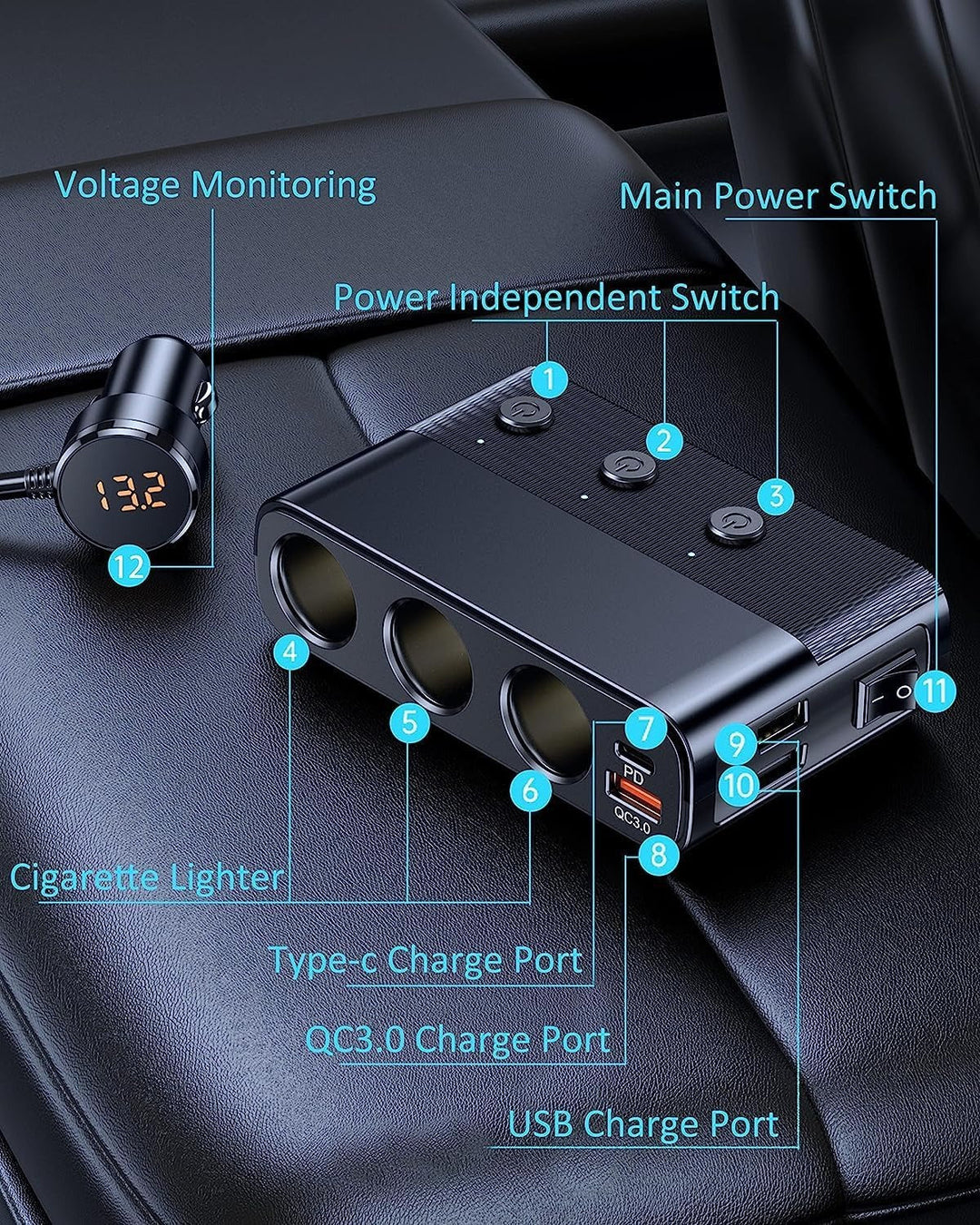 7-in-1 car adapter with 3 sockets, 4 USB ports, LED voltmeter, and quick charge, for charging multiple devices on the go.