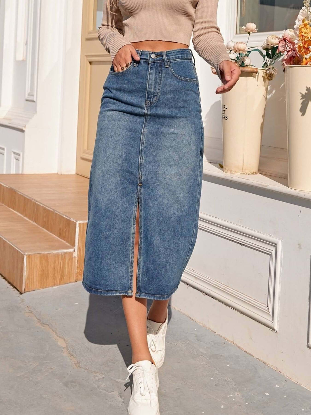 Women's High-Waisted Denim Midi Skirt with Front Slit