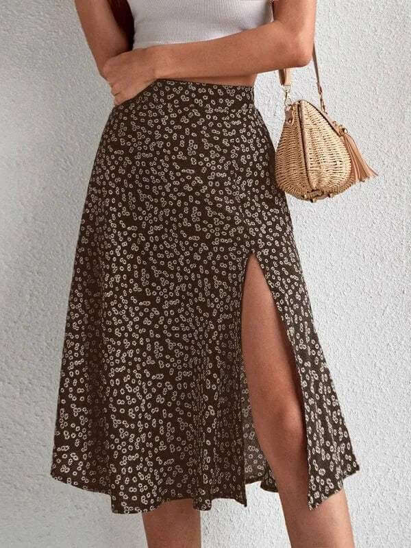 Women's Floral A-Line Midi Skirt with Side Slit