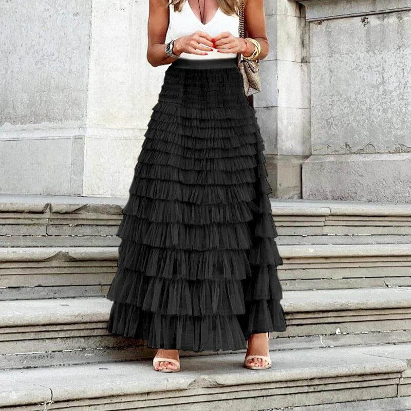 Women's Pleated Mesh Midi Skirt with Ruffle