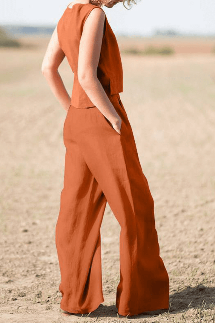 Women's Relaxed Fit Round Neck Top and Wide-Leg Pants Set