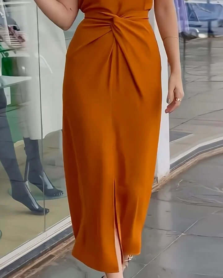 Women's Fitted Halter Midi Dress with Twist Knot Detail