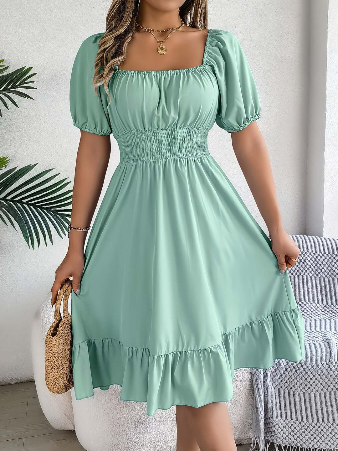 Women's Smocked Puff Sleeve Midi Dress