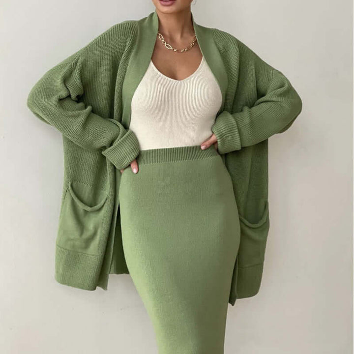 Women's Knitted Cardigan & Midi Skirt Set