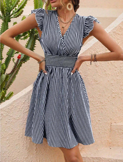 Striped Cotton Ruffle Sleeve Dress