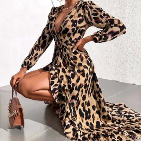 Women's Leopard Print V-Neck Dress
