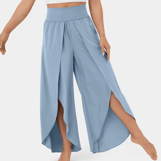 Flared Casual Trousers - High-Waisted Split Hem