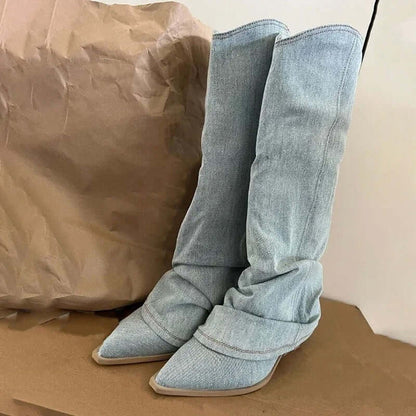 Women's Denim Knee-High Cowboy Boots