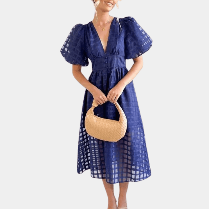 Checkered Sheer Midi Dress with Puff Sleeves - Women's