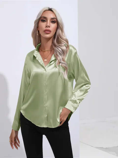 Women's Satin Loose Fit Long Sleeve Blouse