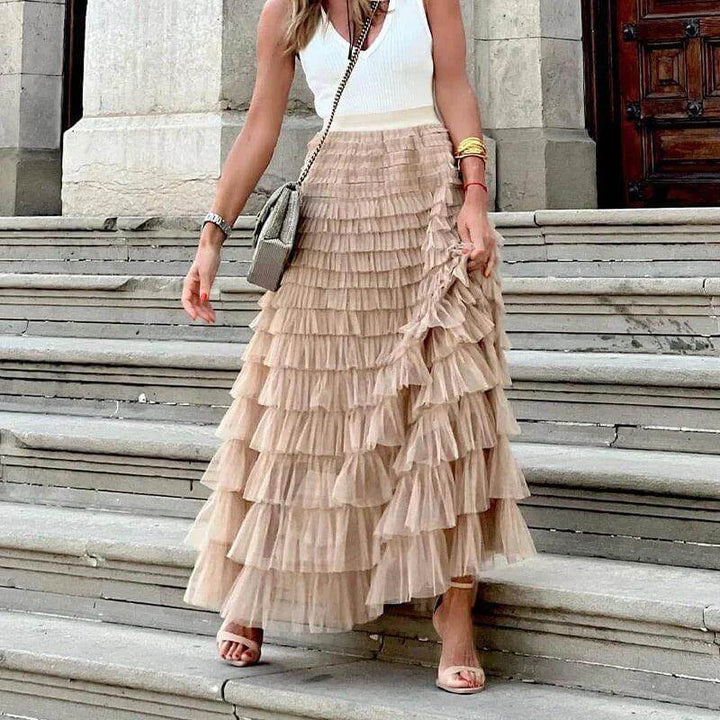 Women's Pleated Mesh Midi Skirt with Ruffle