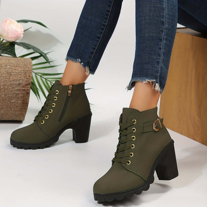 Women's Block Heel Ankle Boots with Buckle Detail