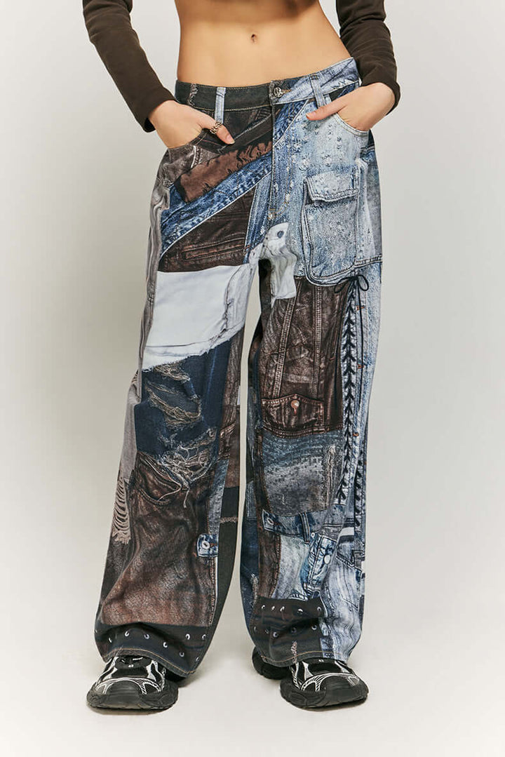 Women's Wide Leg Patchwork Print Trousers
