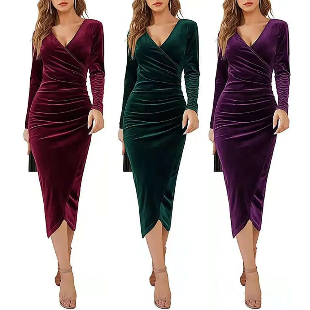 Women's Velvet Ruched Wrap Midi Dress