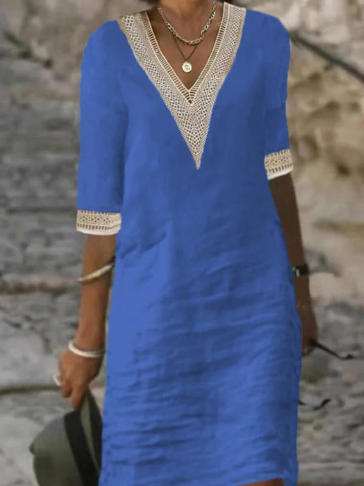 Women's Linen Blend V-Neck Lace Dress