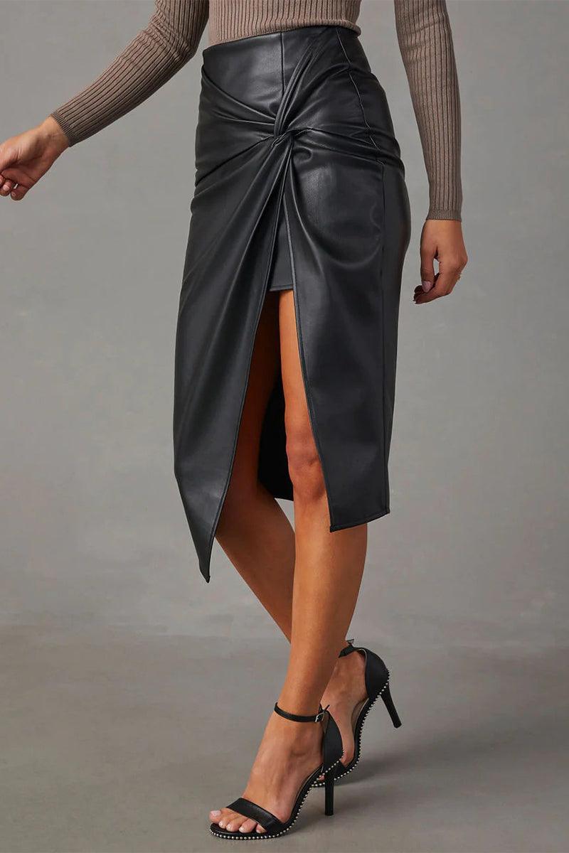 Faux Leather High-Waisted Pencil Skirt with Ruching