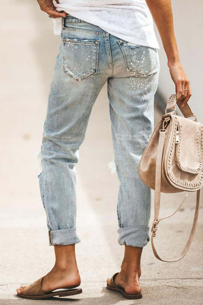 Women's High-Waisted Straight Leg Ripped Jeans