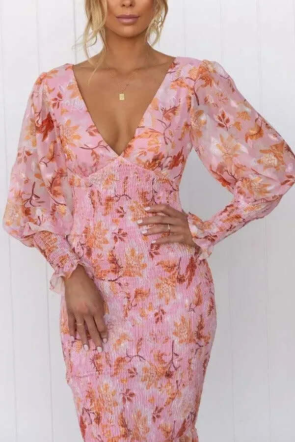 Women's Fitted Midi Dress with Puff Sleeves