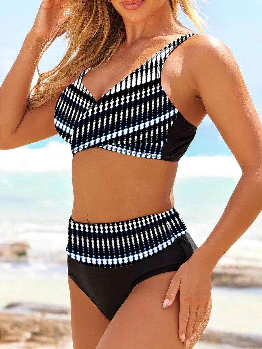 Women's High-Waisted Bikini Set with V-Neck Top
